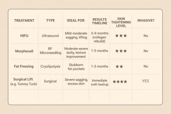 Table showing the comparisons of Skin tightening Hastings treatment options.
